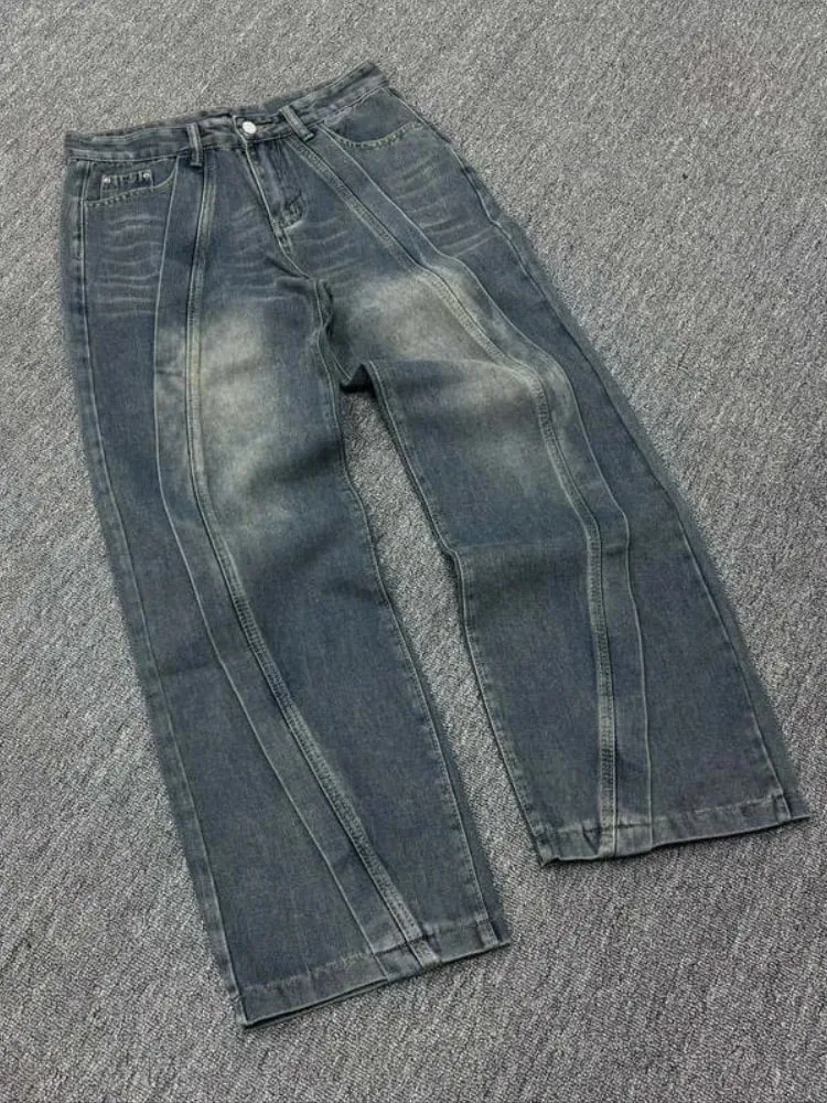 Calças de brim dos homens americano vintage streetwear azul escuro perna larga denim calças retalhos ponto contraste lavado solto ajuste retro moda