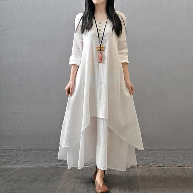 Spring Autumn Women Maxi Dresses Casual Full Sleeve Bohe Cotton Women'S Casual Fashion Loose Long With Button Solid Color Dresse