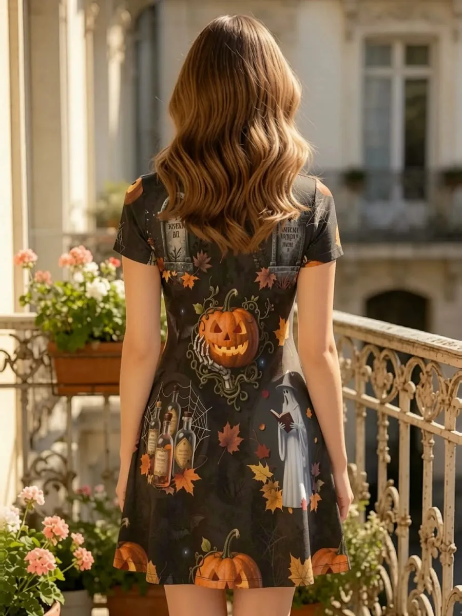Vestido feminino com decote em V, manga curta, estampa floral, corte descontraído, minivestido de verão para estilo diário, viagens, feriados e eventos