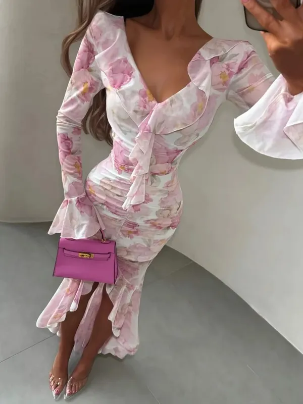 Pink Floral Print Maxi Dress V-neck Ruffle Trim Flare Women Sleeve Ruched High Slit Chiffon Dresses Elegant Evening Party Robe