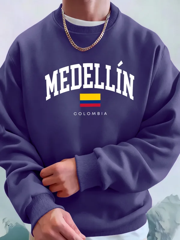 Medellin Colombia Letter And Flag Printed Men'S Hoodies Comfortable Fleece Sweatshirts Soft Fashion Tops Street Warm Clothes