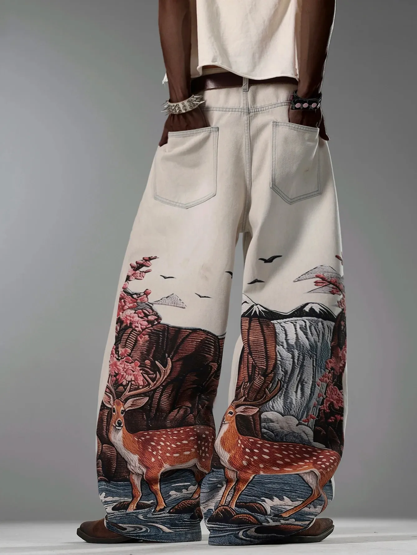 American Retro Art Natural Print Light Gray Baggy Jeans Man y2k Street Trend Fashion Versatile Straight-Leg Wide Pants