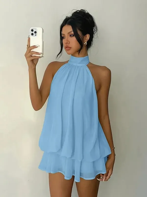 Women Halter Neck Backless Tie Mini Dress Summer Sleeveless Chiffon Ruffle Short Dresses Sexy Club Party Beach Vacation Outfit