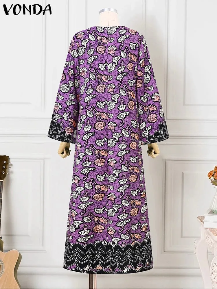 Bohemian Party Dress Elegant Women Printing Sundress Vintage Flare Long Sleeve Maxi Vestidos Oversized O-Neck Robe Femme