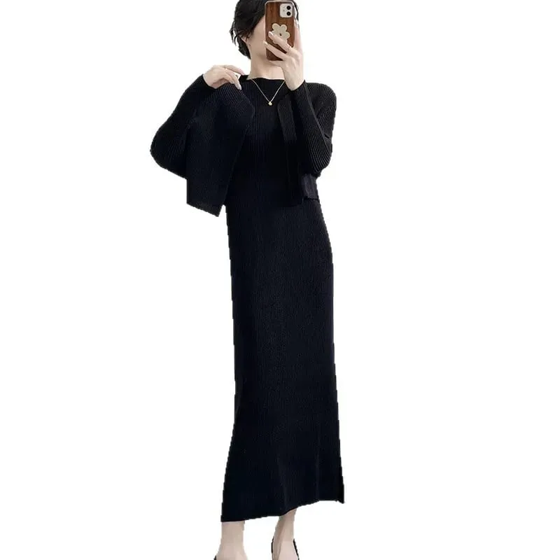 Miyake Pleated Dresses 2026 New Women's Long Sleeve Cardigan Jacket Round Neck Straight Long Dress Commuter Fashion Skirt Set