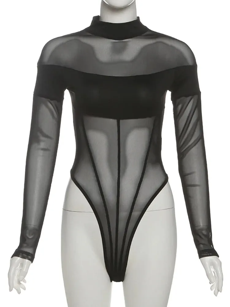Weird Puss Coquette See Through Bodysuit Women Sexy Wild Mesh Hipster Patchwork Full Sleeve Midnight Stretch Street Clubwear