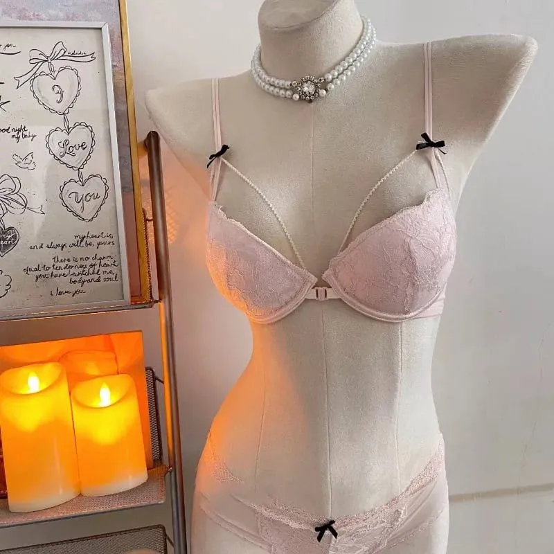 Minimal Coquette Lace Front Clasp Bra & Set Wirefree Thin Straps Beauty Back Side Wrap Support Small Bust Curvy Light Intimates