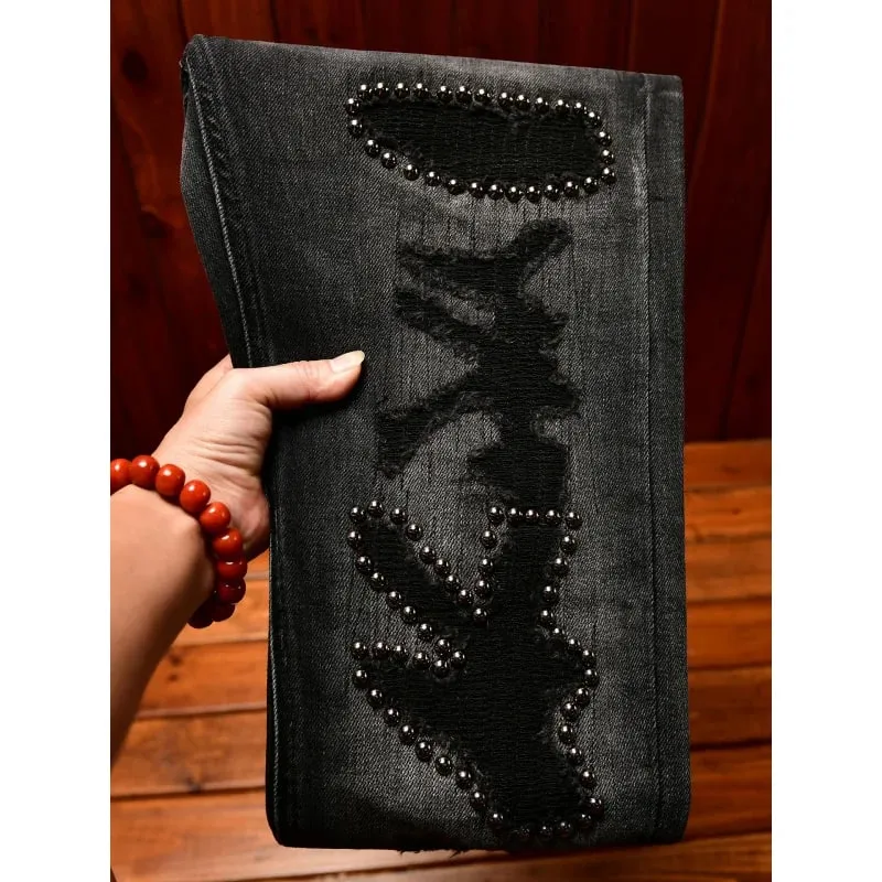 Jeans noirs pour hommes, Design de décoration en métal, tendance, déchiré, mode rétro nostalgique, pantalon Slim Fit
