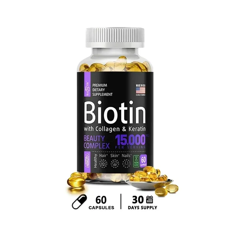 Biotin Capsules 15 000 MCG - Increase Healthier Shinier Hair Skin & Nails- 30 To 120 Capsules with Biotin Collagen A & B