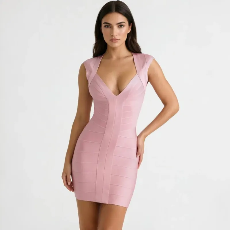 Luxury Fashiong Trendy Pink Bandage Dress Plunge V Sexy Slim Evening Dresses Birthday Wedding Celebrity Lady Vestidos