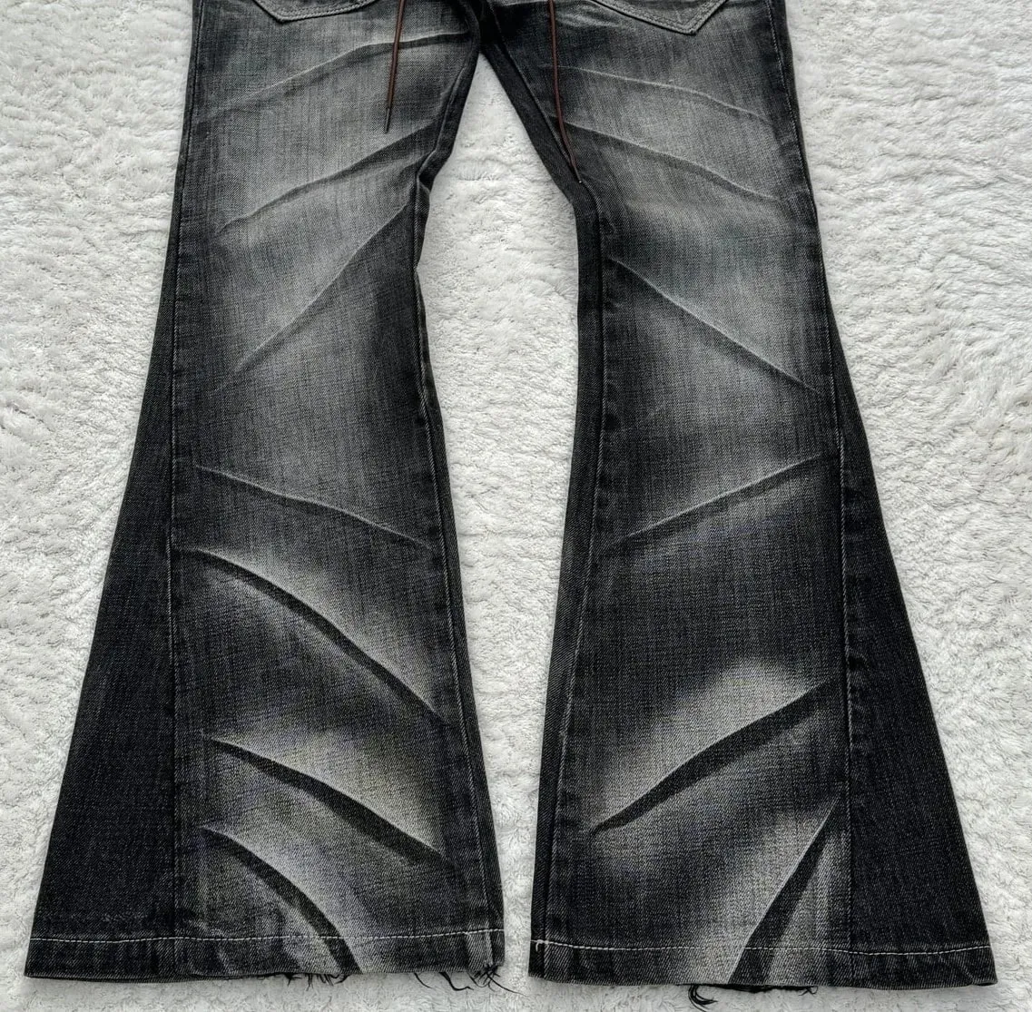 Y2K Distressed Flare Jeans Gothic Men Double Waist Lace Up Denim Pants Retro Washed Scratches Streetwear Unisex Bootcut Jeans