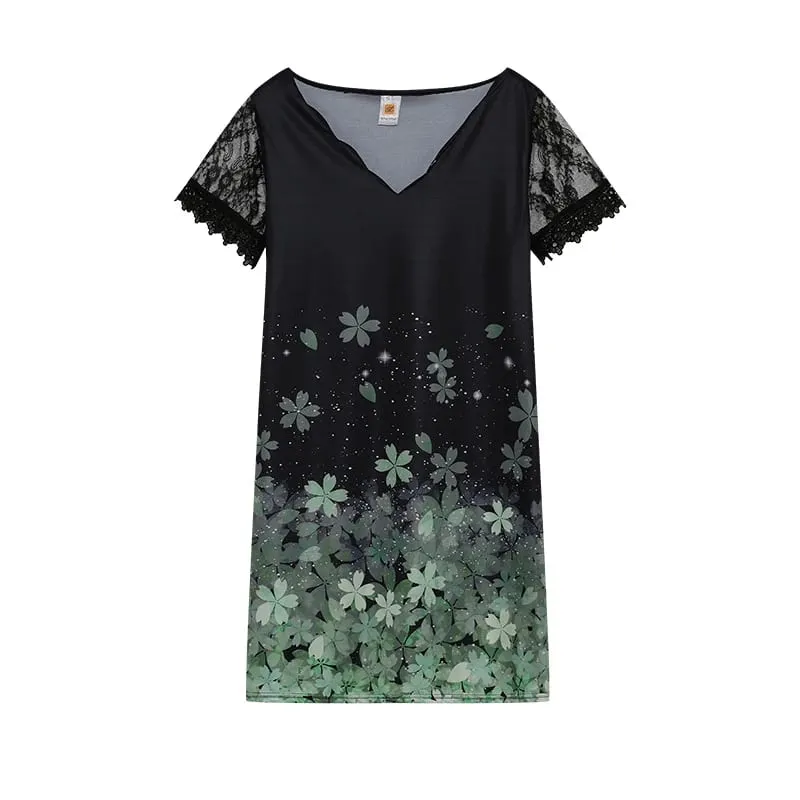 2026 New Women's New Positioning Printing Wave V-neck Lace Short-sleeved Dress