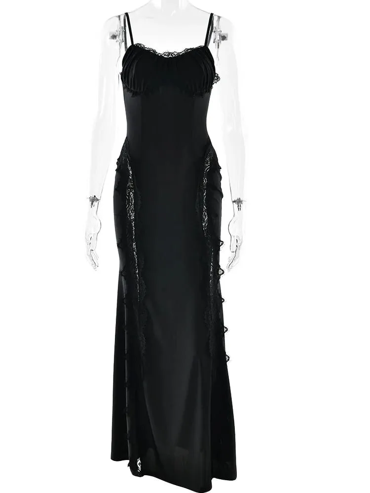 MO Patchwork Sexy Sheer Lace Women Maxi Dress Spaghetti Strap High Waist Dress Winter Skinny Elegant Party Evening Dress