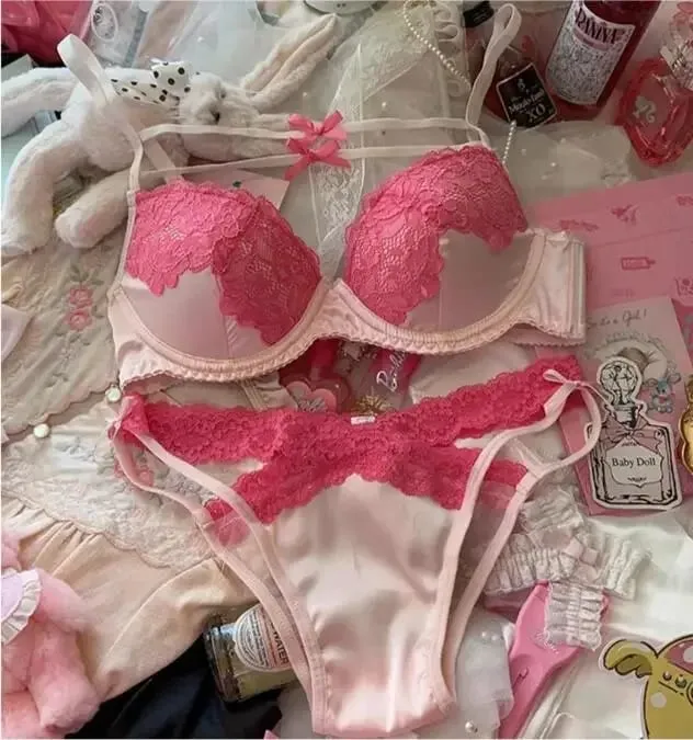 Sexy Lace Lingerie Set with Bow Spaghetti Straps & Steel Ring Uplift Bra for Women
