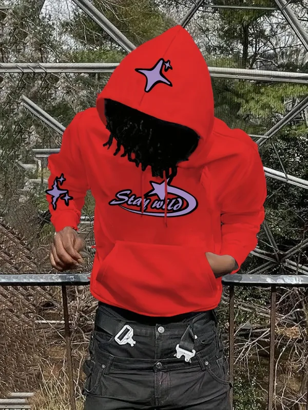 Y2K Star Graphic Hoodie Men Vintage Stay Wild Letter Hooded Sweatshirt streetwear hoodies men clothing promo