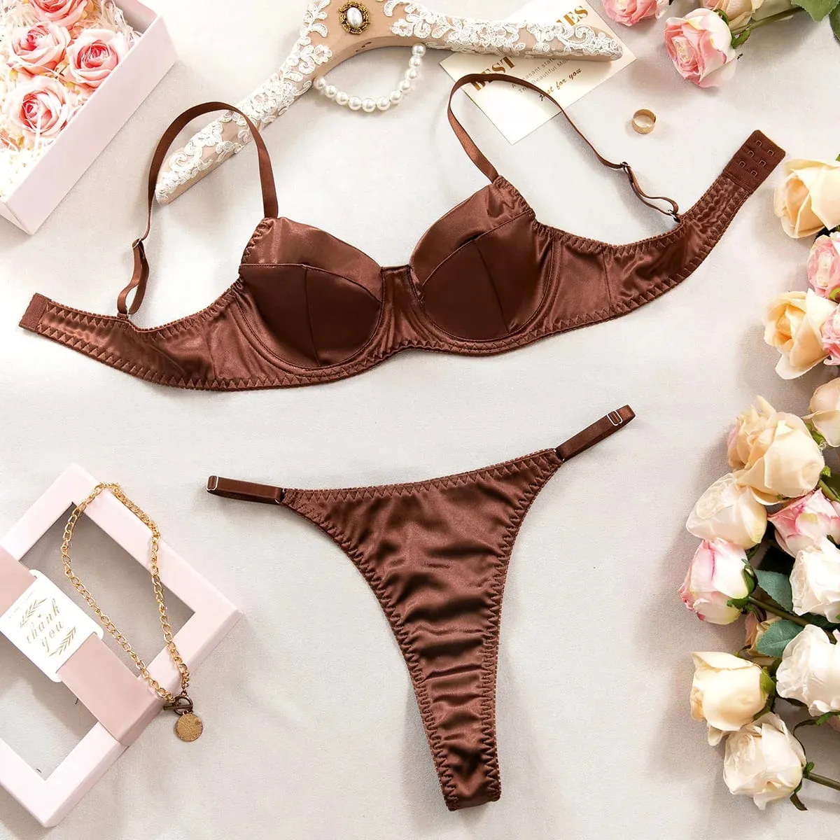 Push Up Underwire Satin 2 Pcs Sexy Bra Set Women Underwear Patchwork Bras and Thongs Suits Attractive Bilizna Intimate Set