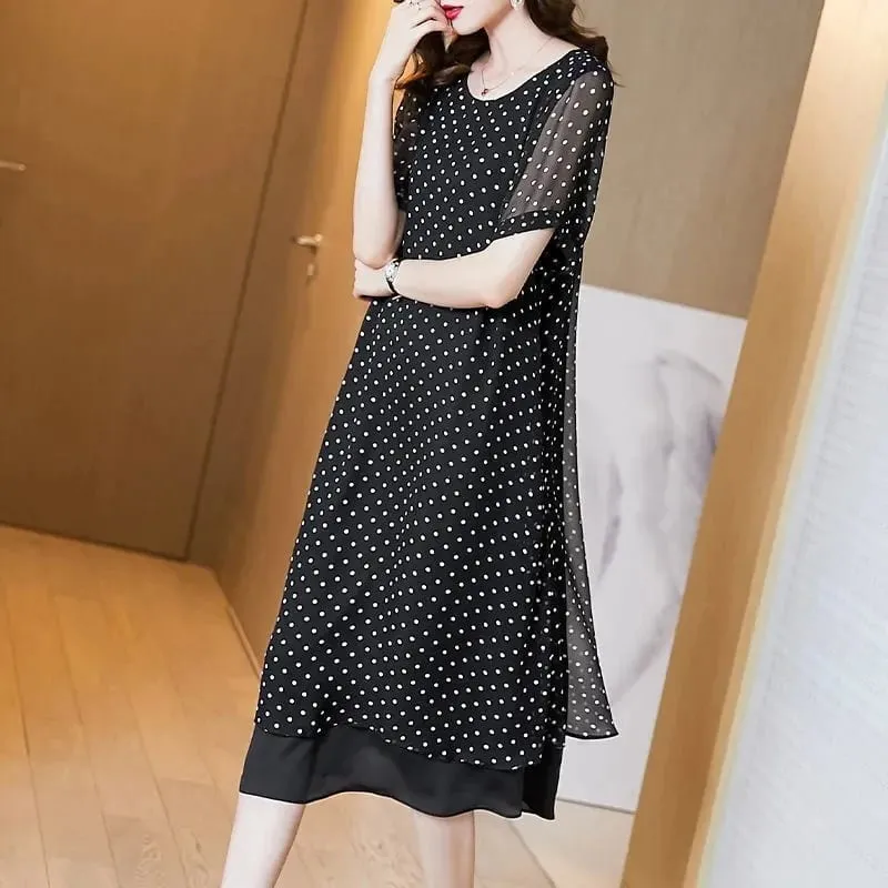 Verão mangas curtas cobrindo a barriga high end chiffon vestido 2026 novo tamanho grande solto dot estilo francês vestido longo feminino
