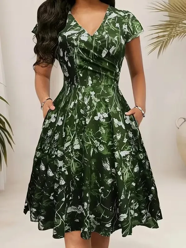 Elegant Floral Printed V-Neck Mid-Length Pocket Dress Polyester Blends for Spring Summer Autumn Three Season Women's Dress