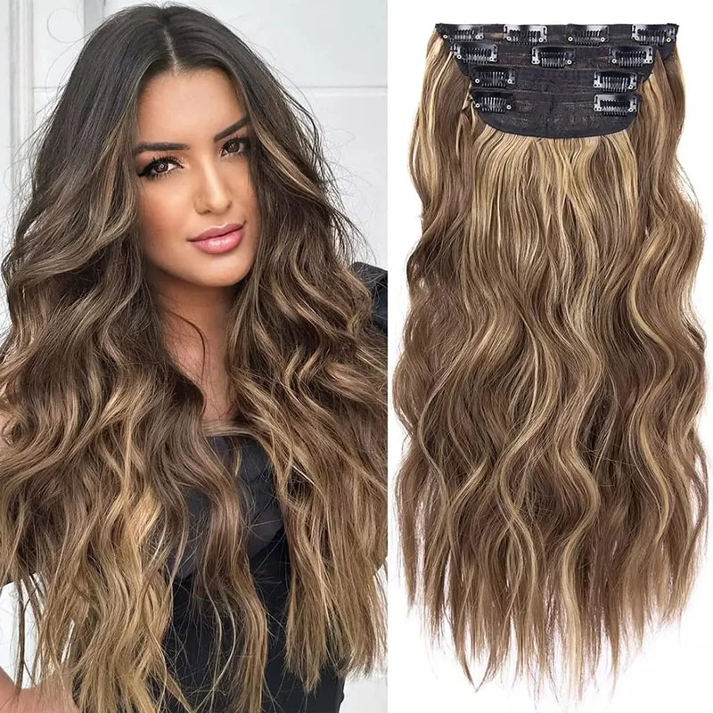 Clipe sintético longo ondulado feminino de alta temperatura, extensão de cabelo sintético, 4 peças, clipe longo, macio, ondas glam, grosso