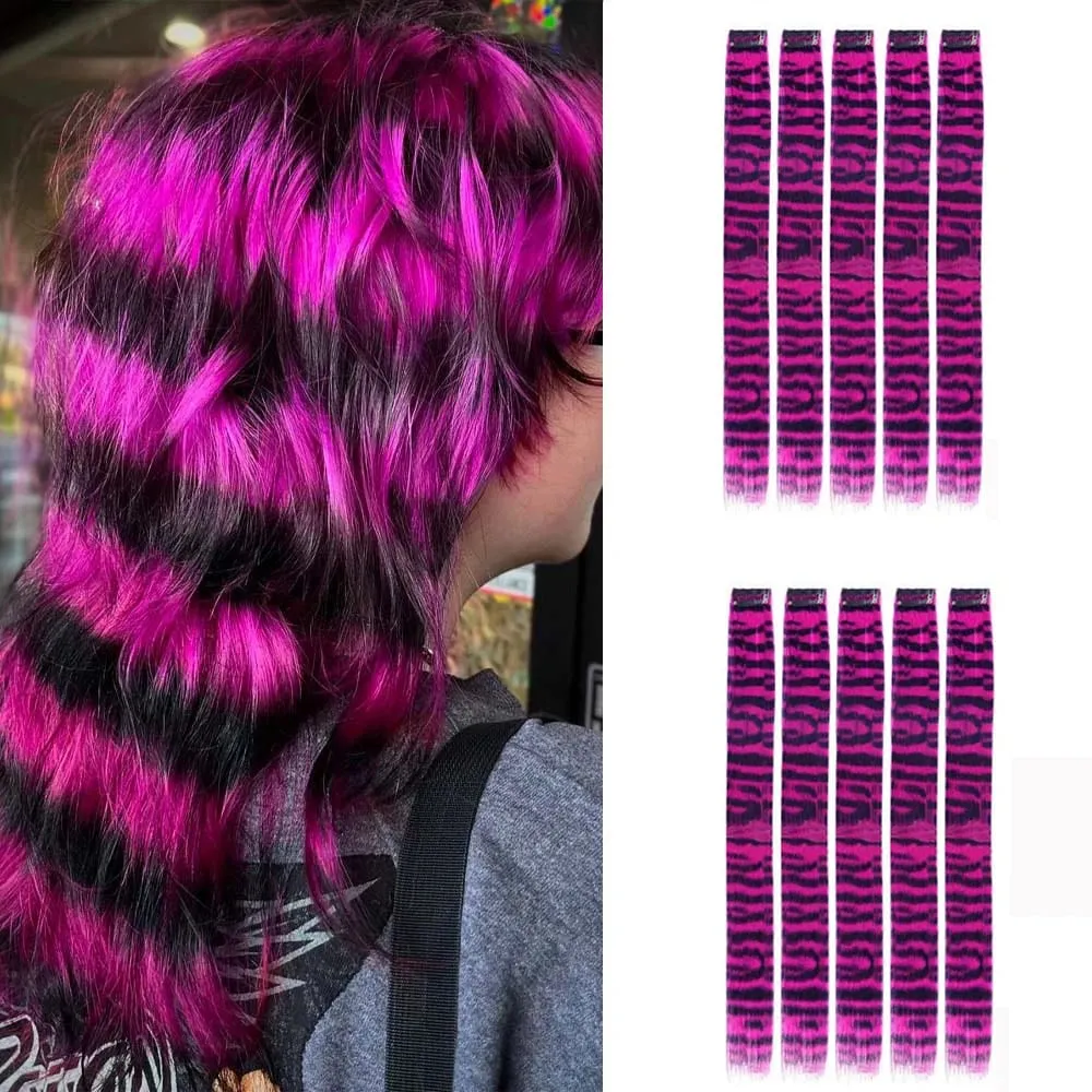 10pcs/set Stripe Printed Hair Colorful Long Straight Hair Pieces Synthetic Clip-in Hair Extensions for Daily Use Party Halloween