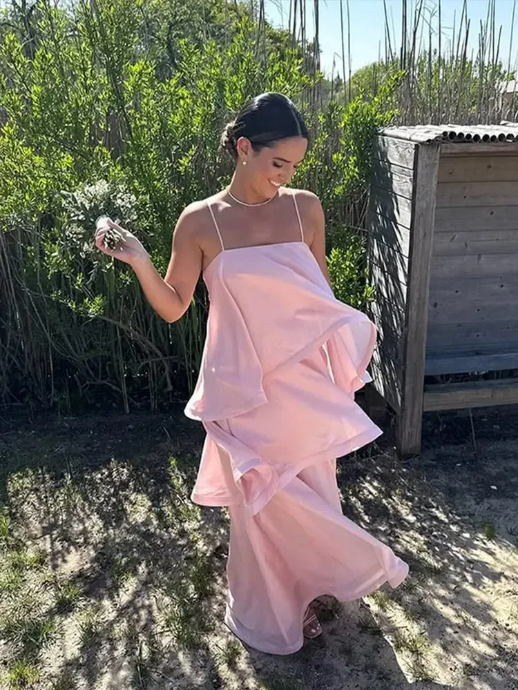 Women Pink Ruffled Strapless Dress Sleeveless Backless Loose Long elegant robes 2025 Lady Vacation Beach Party Evening Gown New