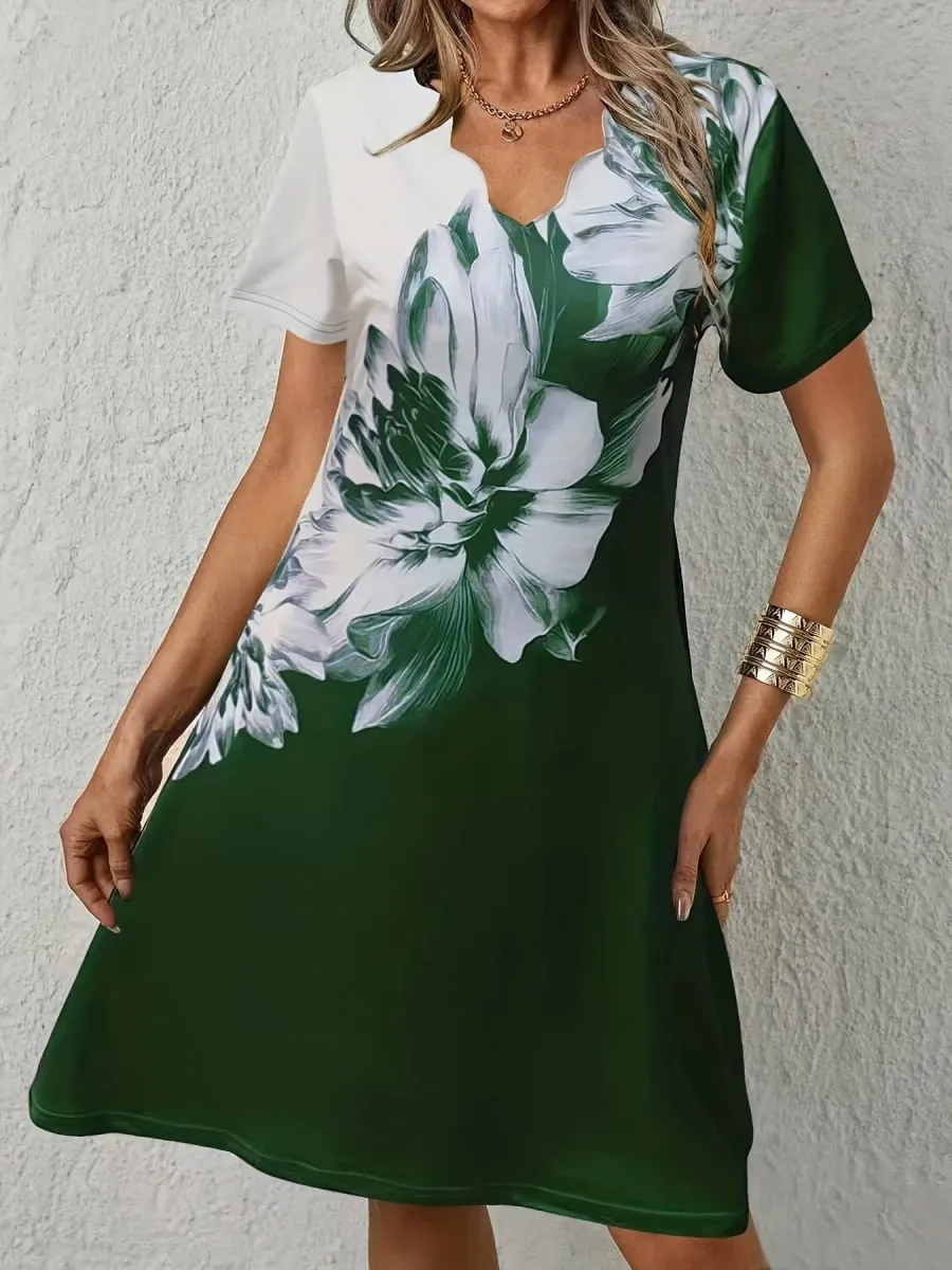 Women Floral Print Dress Wavy V Neck Short Sleeve Casual Summer Party Dresses Ladies Loose Tunic Dress