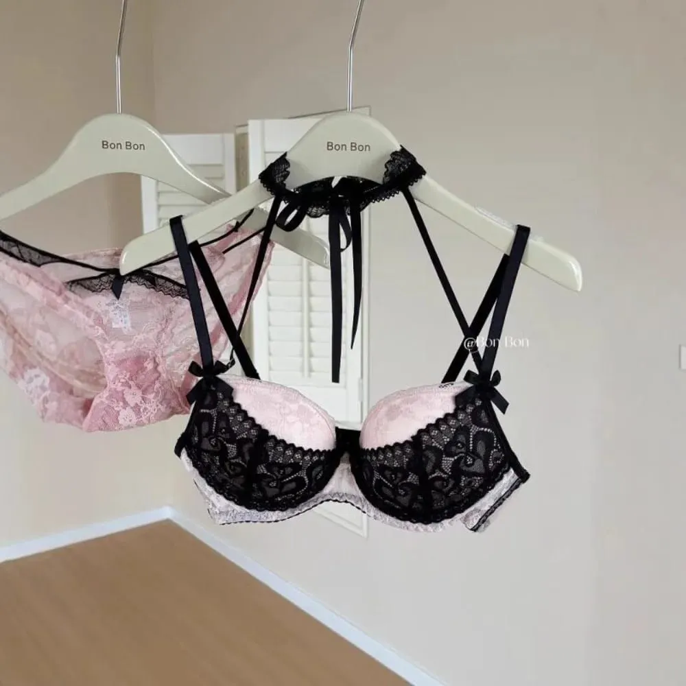 French Lace Halter Neck Women Lingerie Set Push‑Up Bra Kit Soft Breathable Skin‑Friendly Underwear For Small Bust