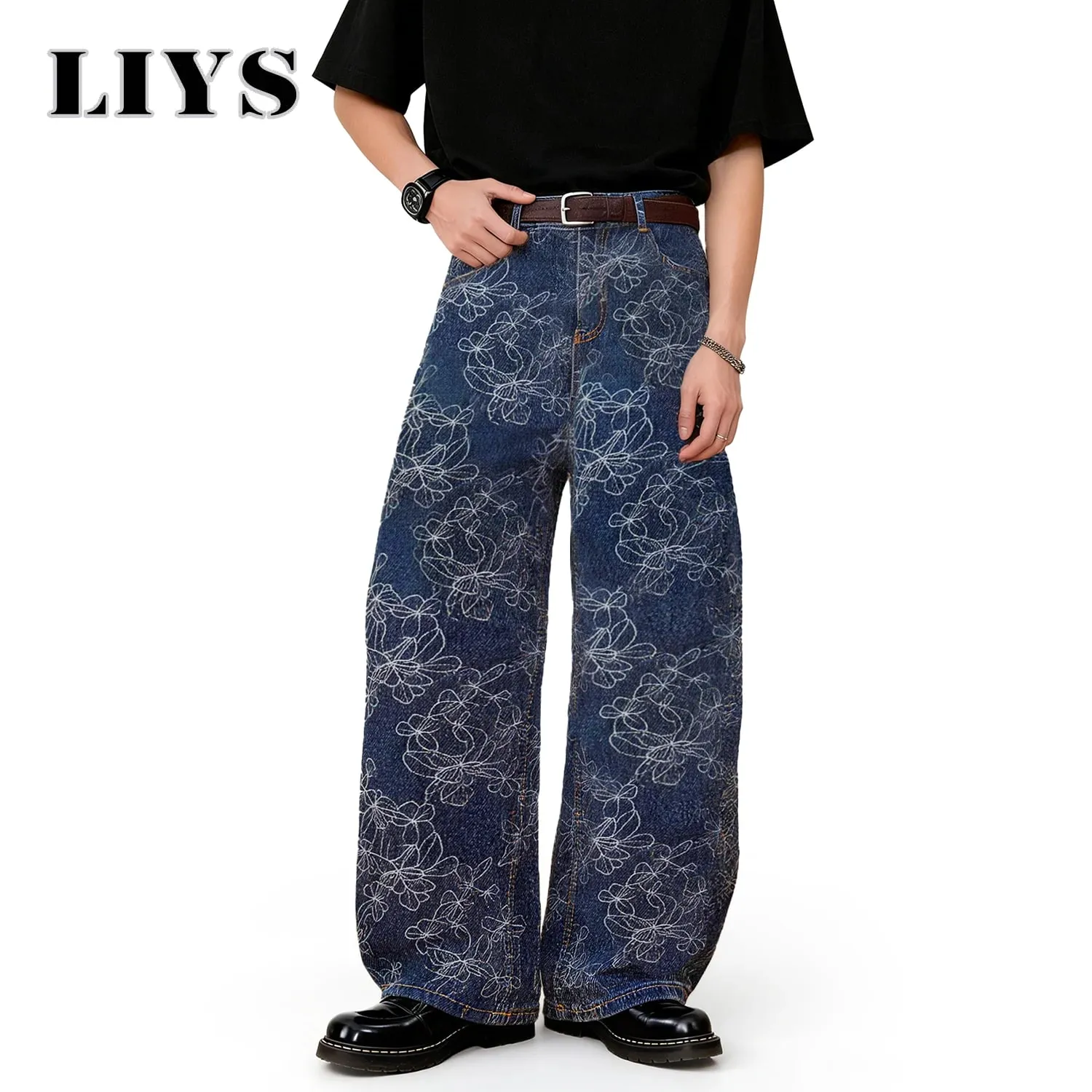 Japanese-Korean Style Floral Jacquard Baggy Wide-leg Jeans American Retro Floral Daily Casual Wide-leg Denim Pants Unisex