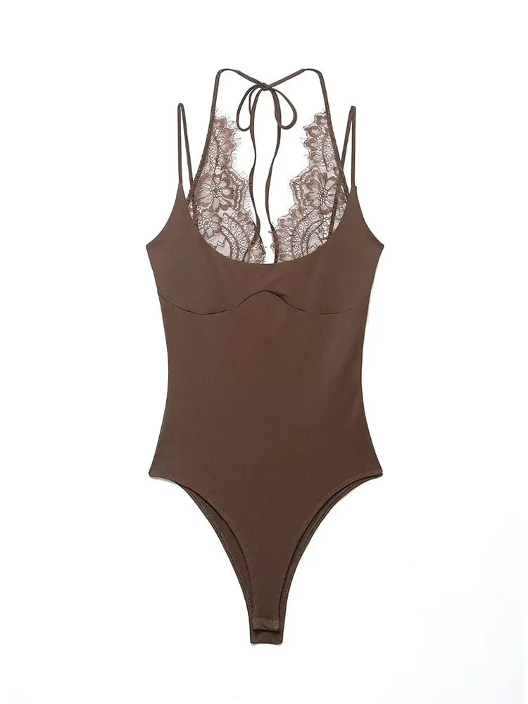 Women Sexy Slim Bodysuits Chic Lace Partwork Sleeveless Fashion Backless Sling Tops 2026 Newest Lady Casual Playsuit