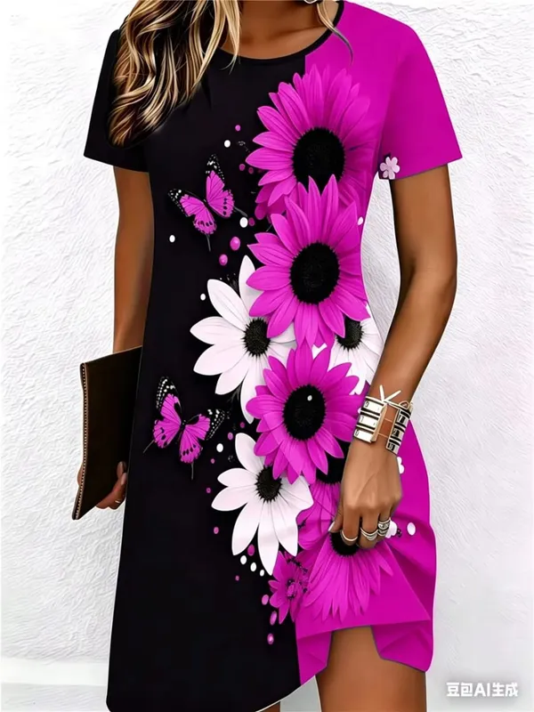 Street Hip Hop Flowers And Butterflies Women Mini Dresses Summer Short Sleeve 3D Printed Fashion Dress 3XL Big Size Casual Dress