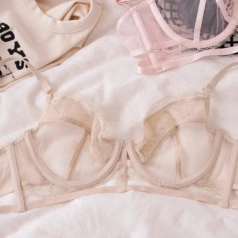 Ultra-Thin Embroidery Mesh Lingerie Set with Steel Ring Push-Up for Large Breasts & Sexy Look