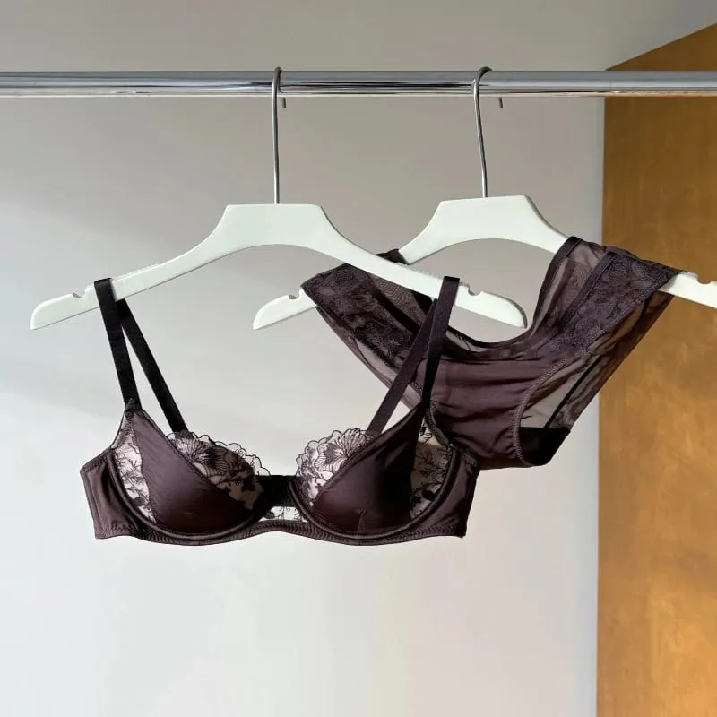 Conjunto de Lingerie Renda Bordada Sexy Para Mulheres Sutiã Minimizador Arame Macio Anti Flacidez Confortável Uso Diário
