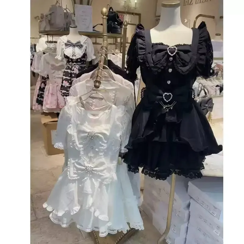 Jirai Kei Dark Sweet Lolita Mini Dress Women Bowknot Lace Puff Corset Heart Ruffle Cake Skirt Japanese Kawaii Harajuku Fashion