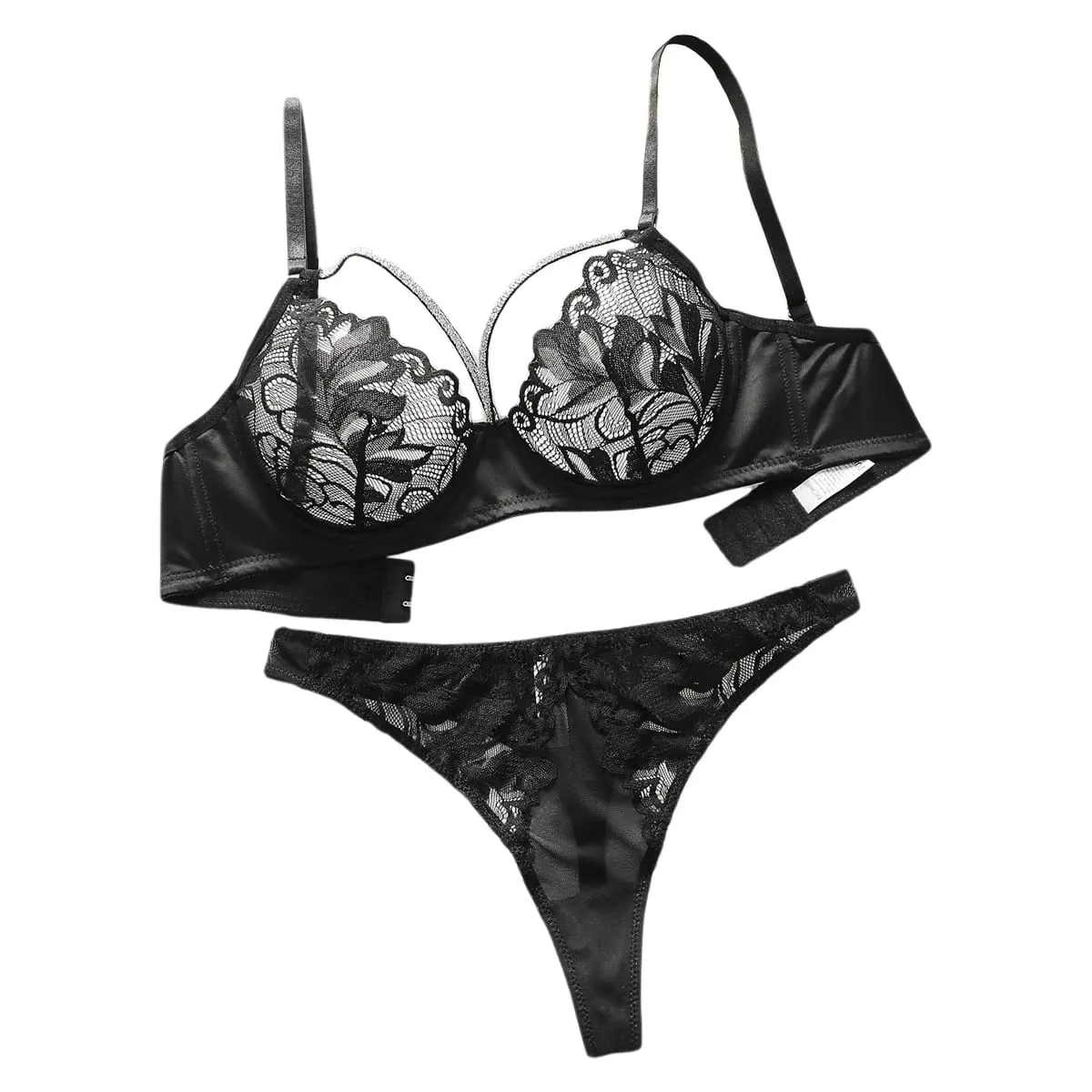 Sexy Black Lace Underwire Unpadded Bra & Panty Set Demi Cup Push Up Bras for Women Matching Lingerie Set Valentine's Day