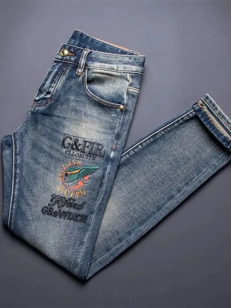 Autumn and Spring New Fashion Trend Printed American Vintage Straight Leg Denim Pants Men's Casual Sports Stretch Jeans 28-36