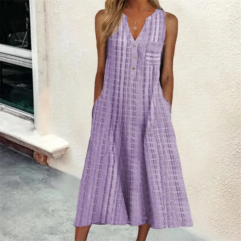 Summer New Women's Dresses V-Neck Sleeveless Button Loose Striped Print With Pocket Casual Beach Dresses