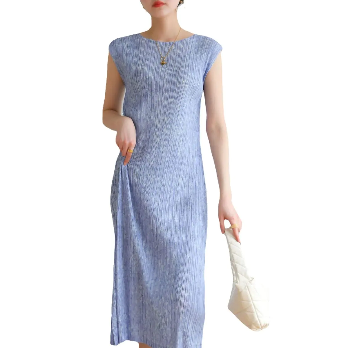 Miyake Pleated Solid Color Sleeveless Dress 2025 Summer New Draped Floral Print Temperament Commuter Casual Fashion Dresses