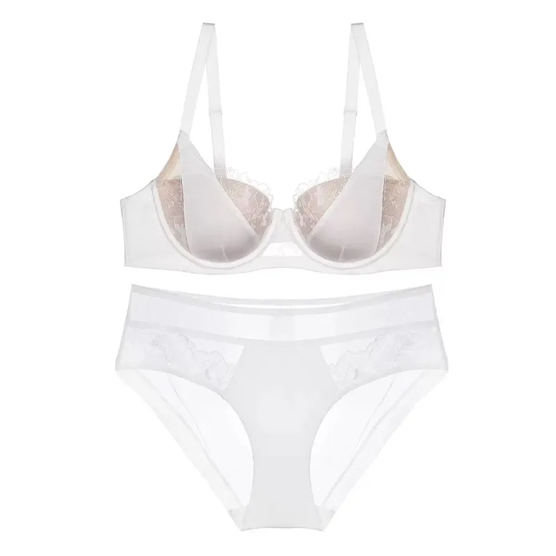 French Style Delicate Lace Lingerie Set Push Up Bra Minimise Bust Supportive Sexy for Large Breasts Full Cup 2 Piece Set