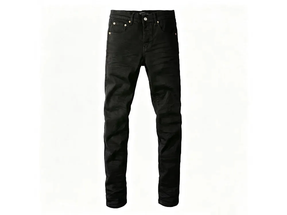 Men's Black Coated Slim Tapered Jeans Vintage Washed Slight Stretch Button Fly High Street Style