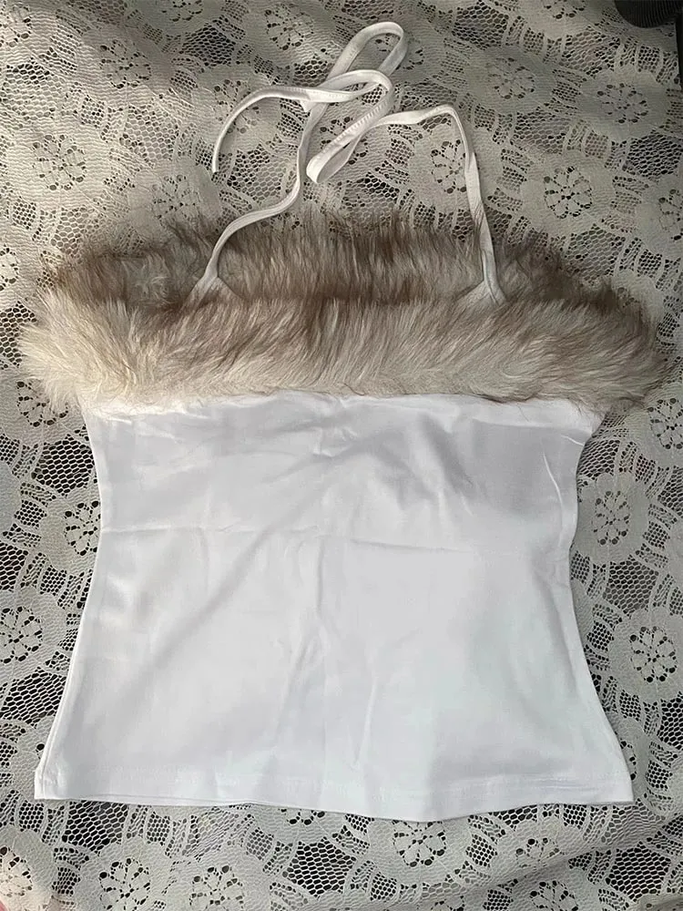 2026 Summer Women Y2K Grunge Goth Streetwear Sexy Faux Fur Trim Cross Letter Print Slim Fit Cropped Halter Neck Cami Tank Top