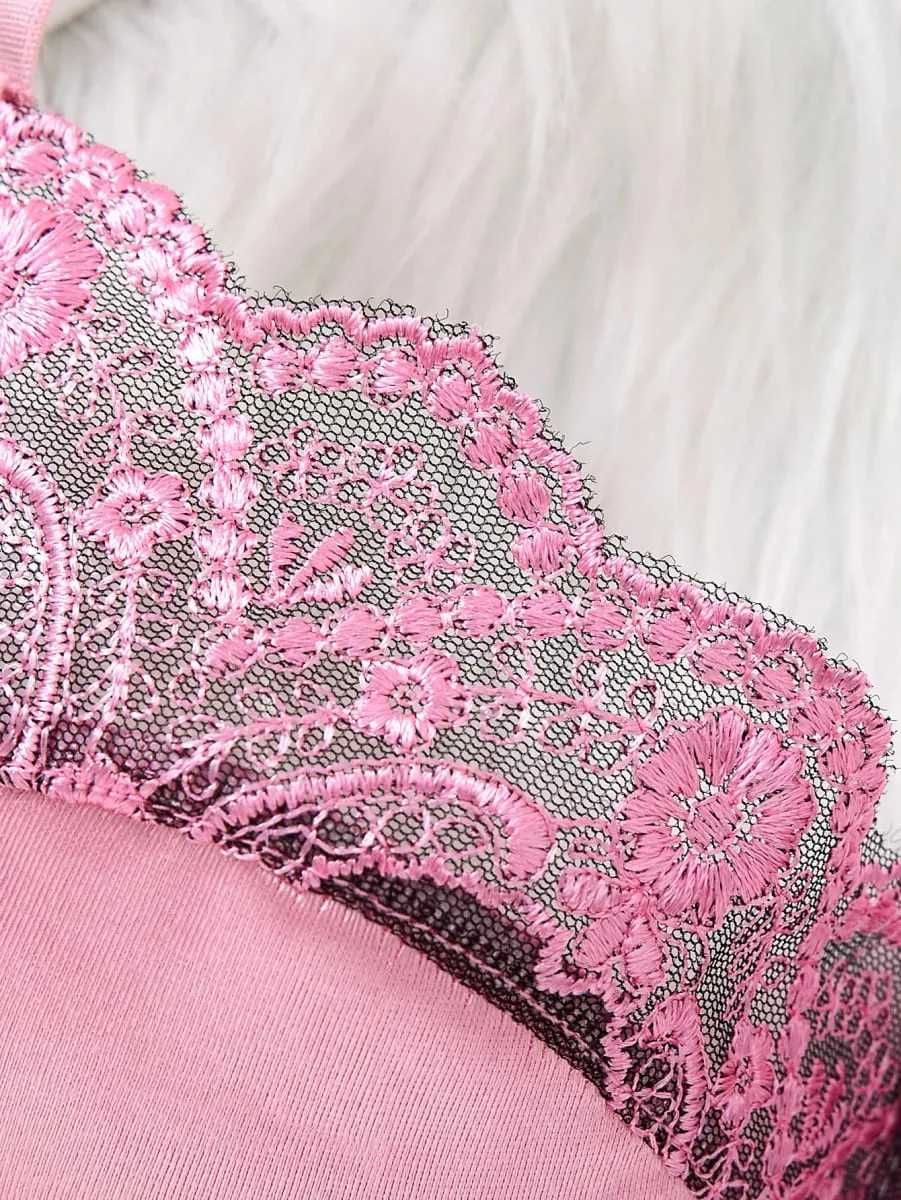 Sweet Pink Lace Lingerie Set Women Satin Underwire Bra With Floral Thong Romantic Intimate Sleep Outfit ZA825289