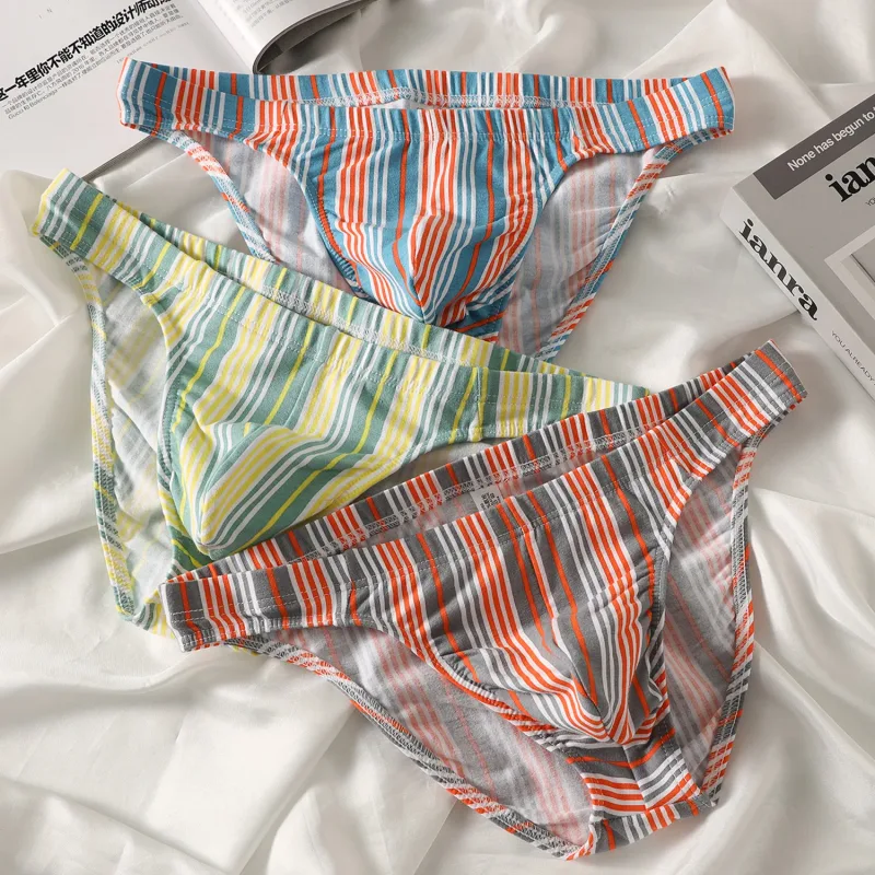 Sexy Men Briefs Cotton Male Breathable Comfortable U Bulge Pouch Underwear Mid Waist Striped Panties Hombre Soft Youth Undies