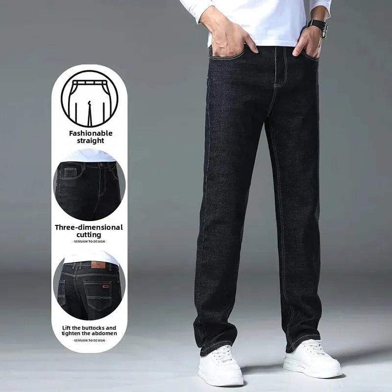 2026 New Men's Straight Denim Pants Brand Clothes Black Blue Jeans Classic Washed Stretch Cotton Business Casual Pants
