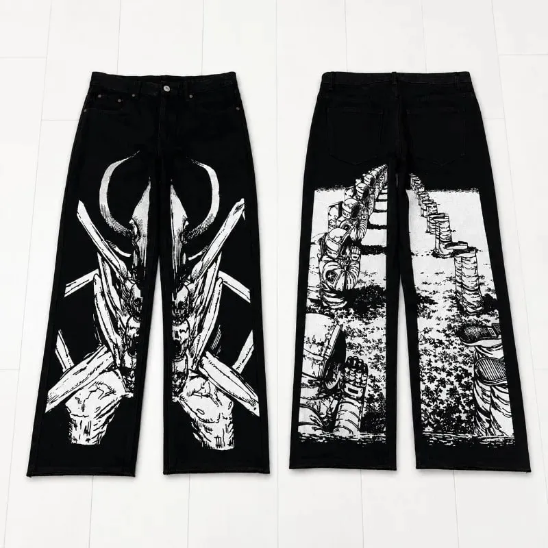 Anime Print Baggy Jeans Men Harajuku Hip Hop Black Denim Pants Streetwear Y2K Manga Graphic Wide Leg Trousers Gothic Clothes