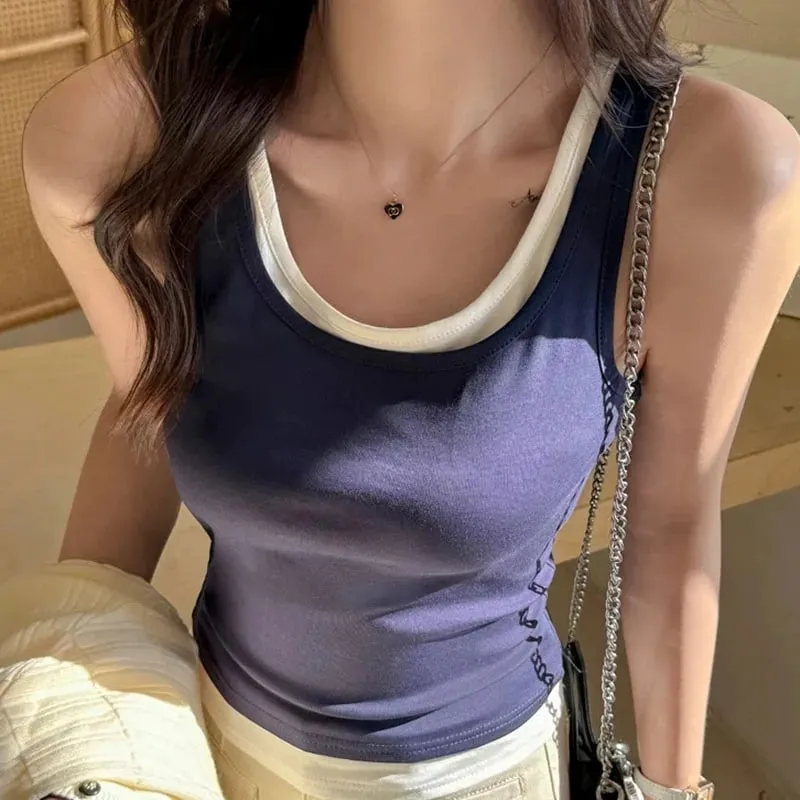Y2K Fake Two Pieces Tank Tops for Women Fashion Contrast Color Round Collar Sleeveless Vest 2026 Summer New Slim Short Camis