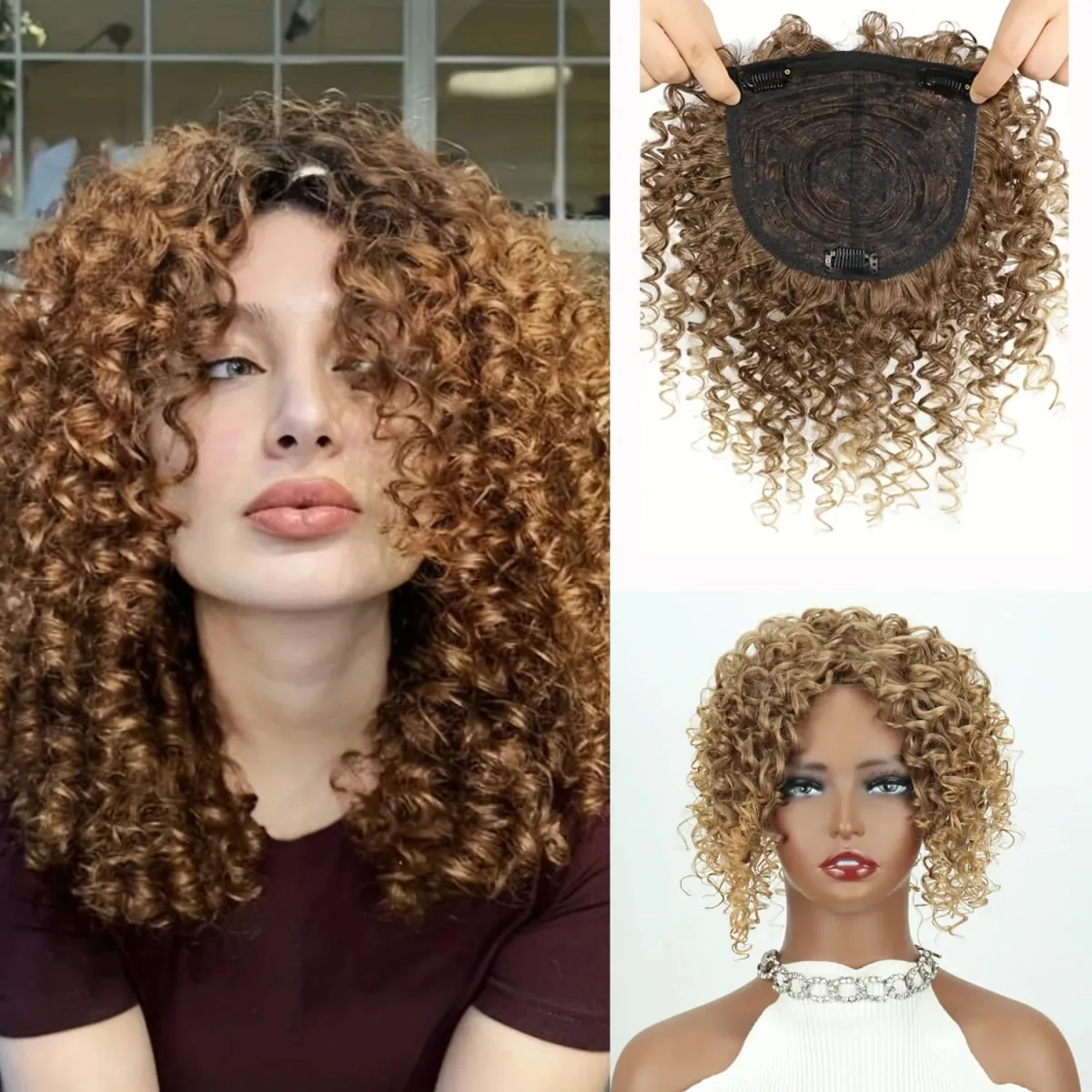 8inch Fluffy Natural Afro Kinky Curly Short Hair Toppers Hairpieces Clip-on Synthetic Hair Pieces for Women with Thinning Hair