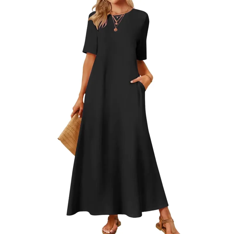 Nữ Mùa Hè Áo Đầm Tay Ngắn Cổ Tròn Đầm Maxi Có Túi Áo Đầm Sundress Màu Trơn Một Đường Áo Dài