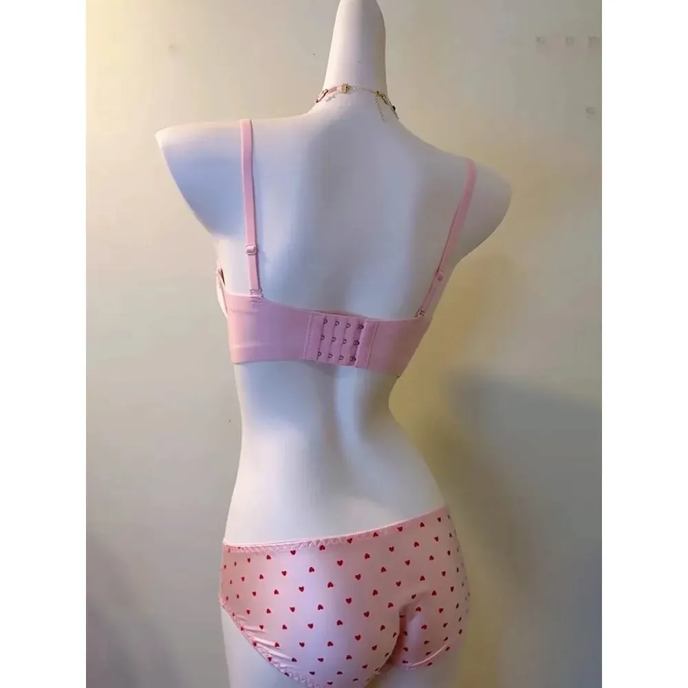 Cute Sweet Heart Lace Bra & Panty Set Sexy Push Up Side Support Anti Sag Soft Lingerie For Small Bust 32‑38AB Bra set
