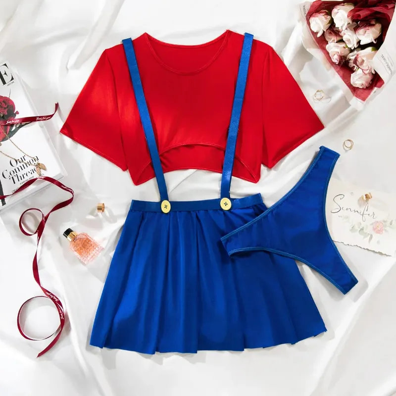 Maid roleplay lingerie conjunto babydoll vestido colheita superior 3 peças traje com saia plissada roupa interior sexy para mulher