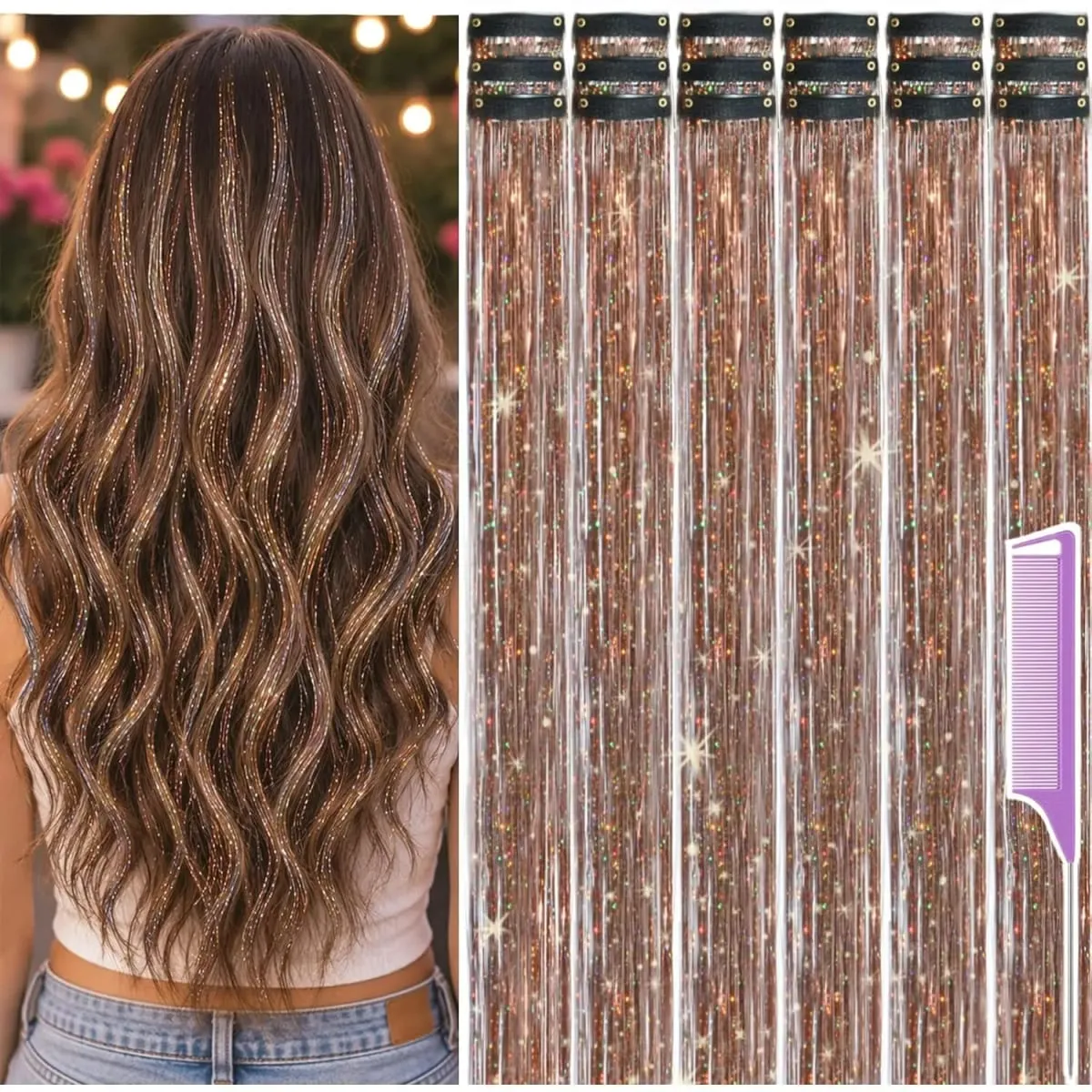 Balení 18 ks Nápadné doplňky do vlasů Rainbow Hair Tinsel Clip in Balíček 22palcových třpytivých pohádkových vlasů pro ženy, dívky